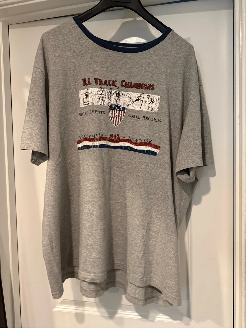 Vintage Polo by Ralph Lauren Grey Olympians Track Champions Tee with Navy Trim